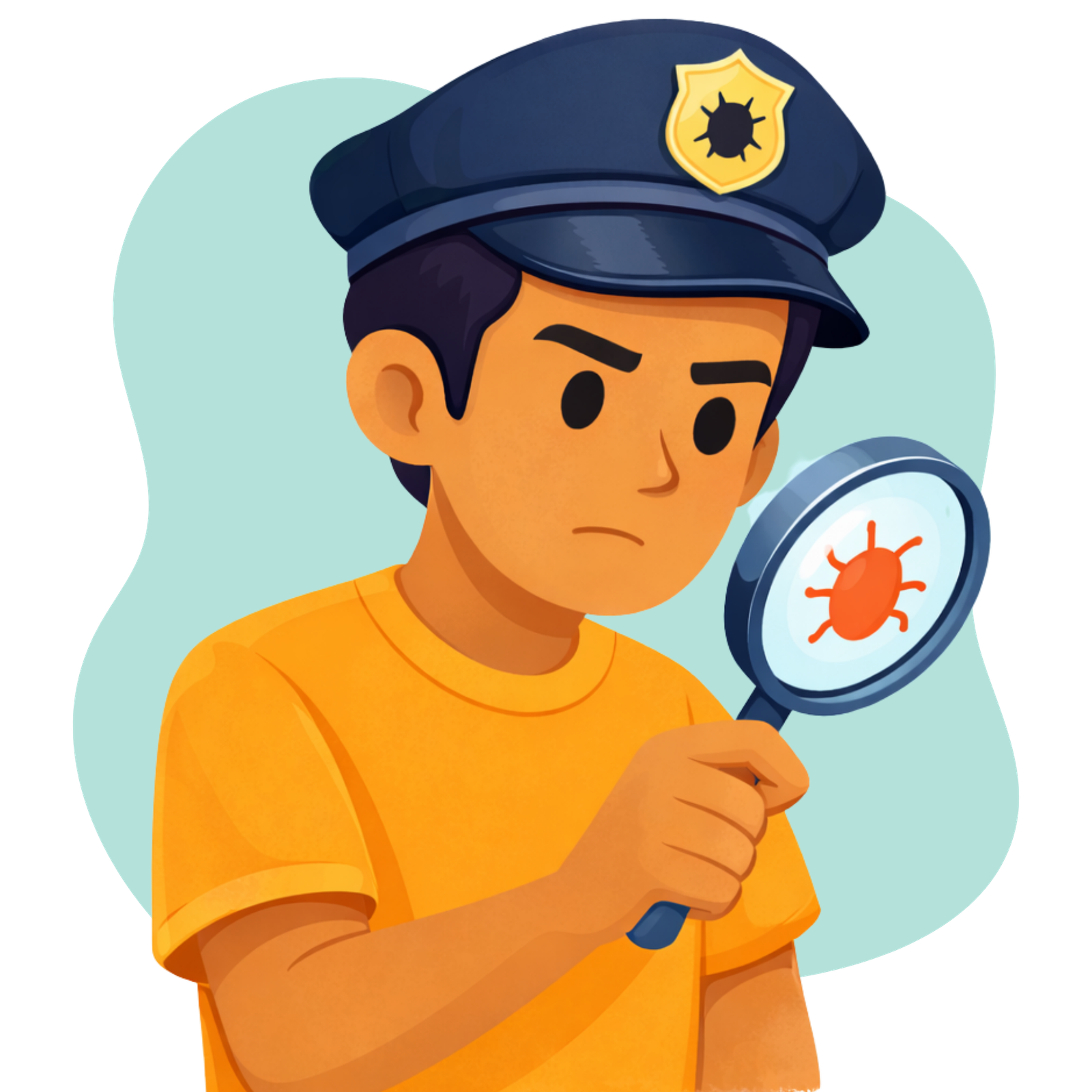Sam con gorra de policía y una lupa