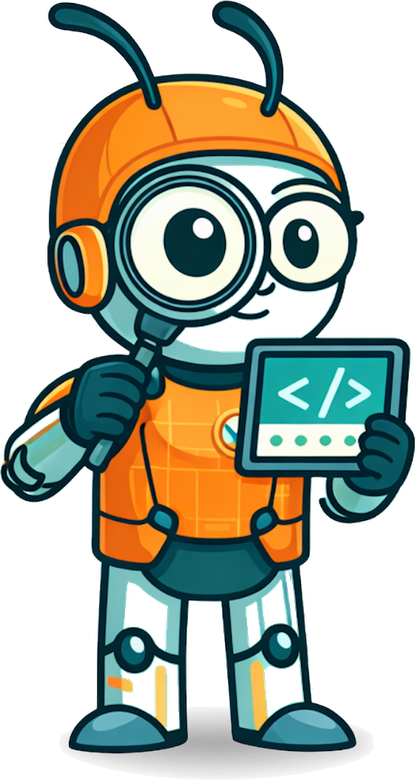 Debugger, el robot de la ruta senior, inspeccionando código con lupa