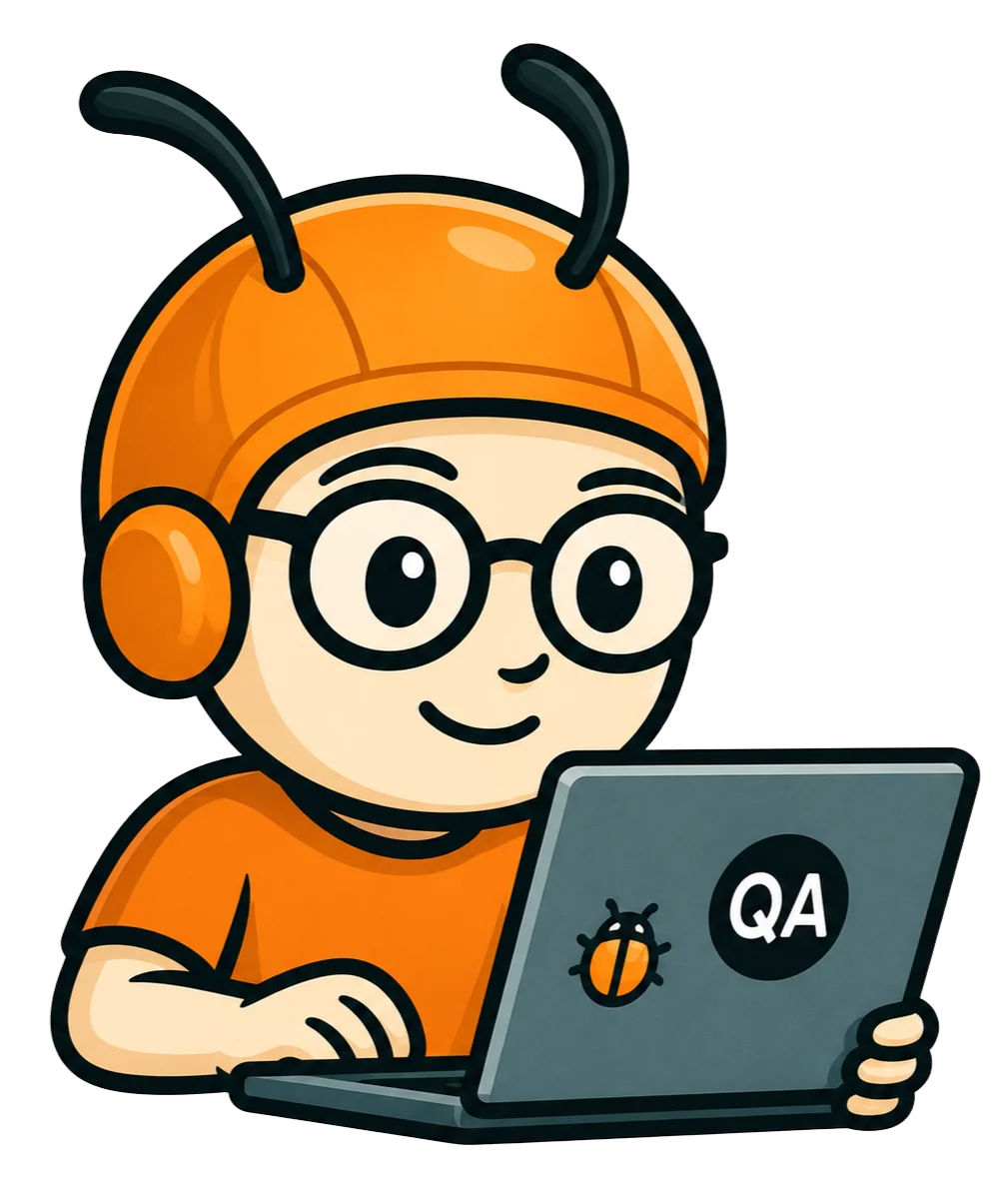 Buggo automatizando pruebas en un portátil con QA y un bug en pantalla