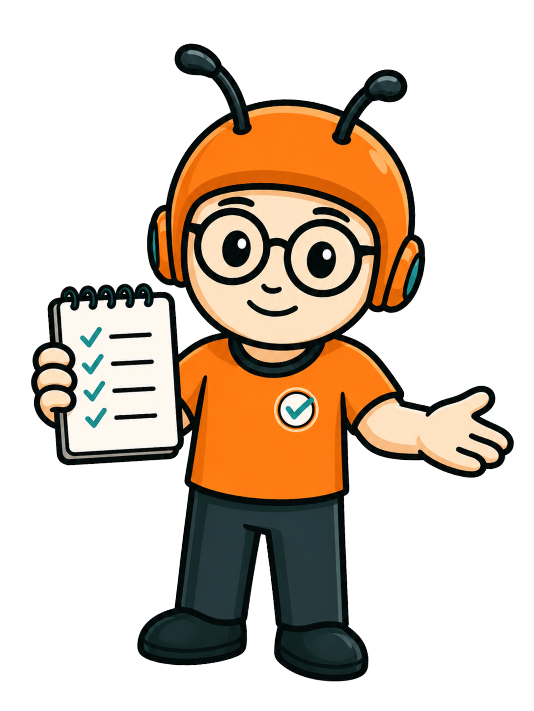 Buggo, la mascota de la ruta Aprendiz, con una checklist de pruebas