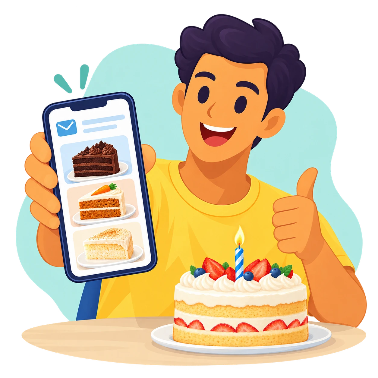 Sam, sonriente y con el pulgar arriba, enseña en el teléfono un correo con fotos de tres pasteles, y delante tiene uno de verdad con una vela