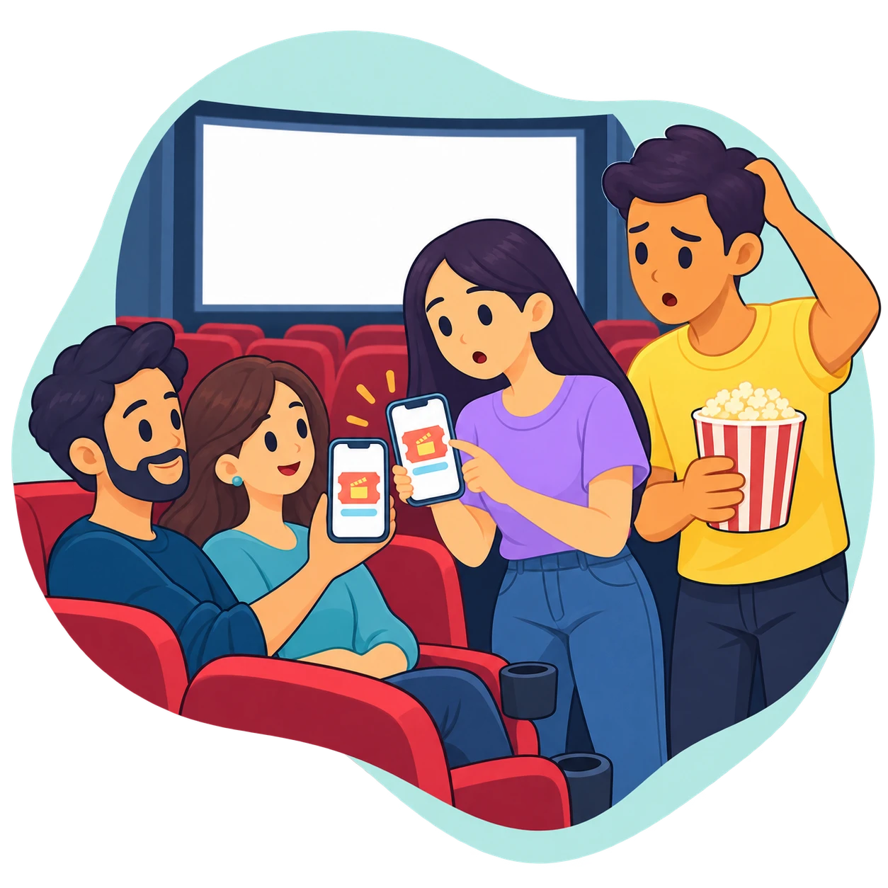 Sam y Lili, con palomitas, en la fila de un cine frente a sus dos butacas ocupadas por otra pareja, que les enseña en el teléfono una entrada igual a la de Lili