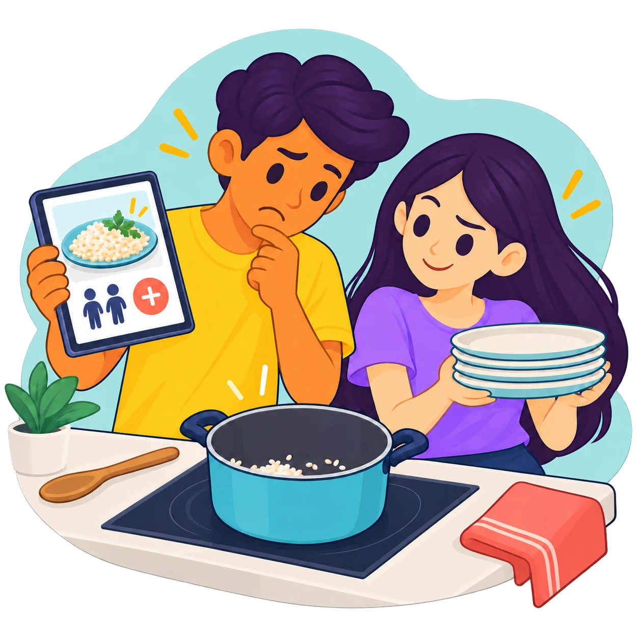 Sam mira con duda una olla con poco arroz y la receta en la tableta, mientras Lili trae cuatro platos